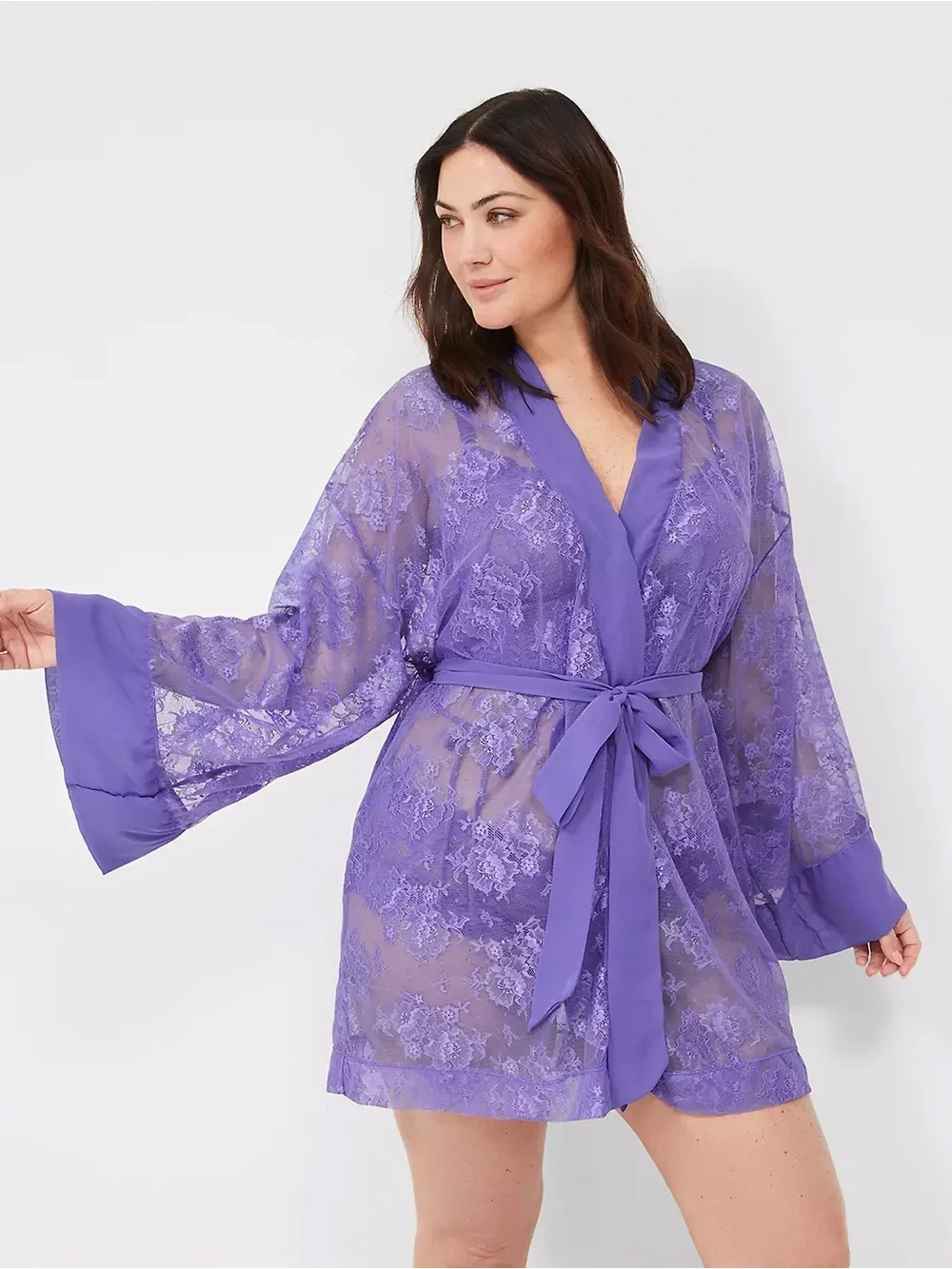 Cacique Purple Floral Lace Sheer Kimono Robe Belted Plus Size 22/24 Lingerie